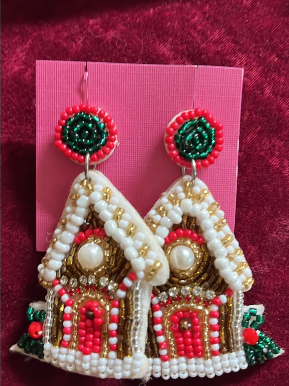 Handcrafted White, Red & Green Beaded Drop Earrings